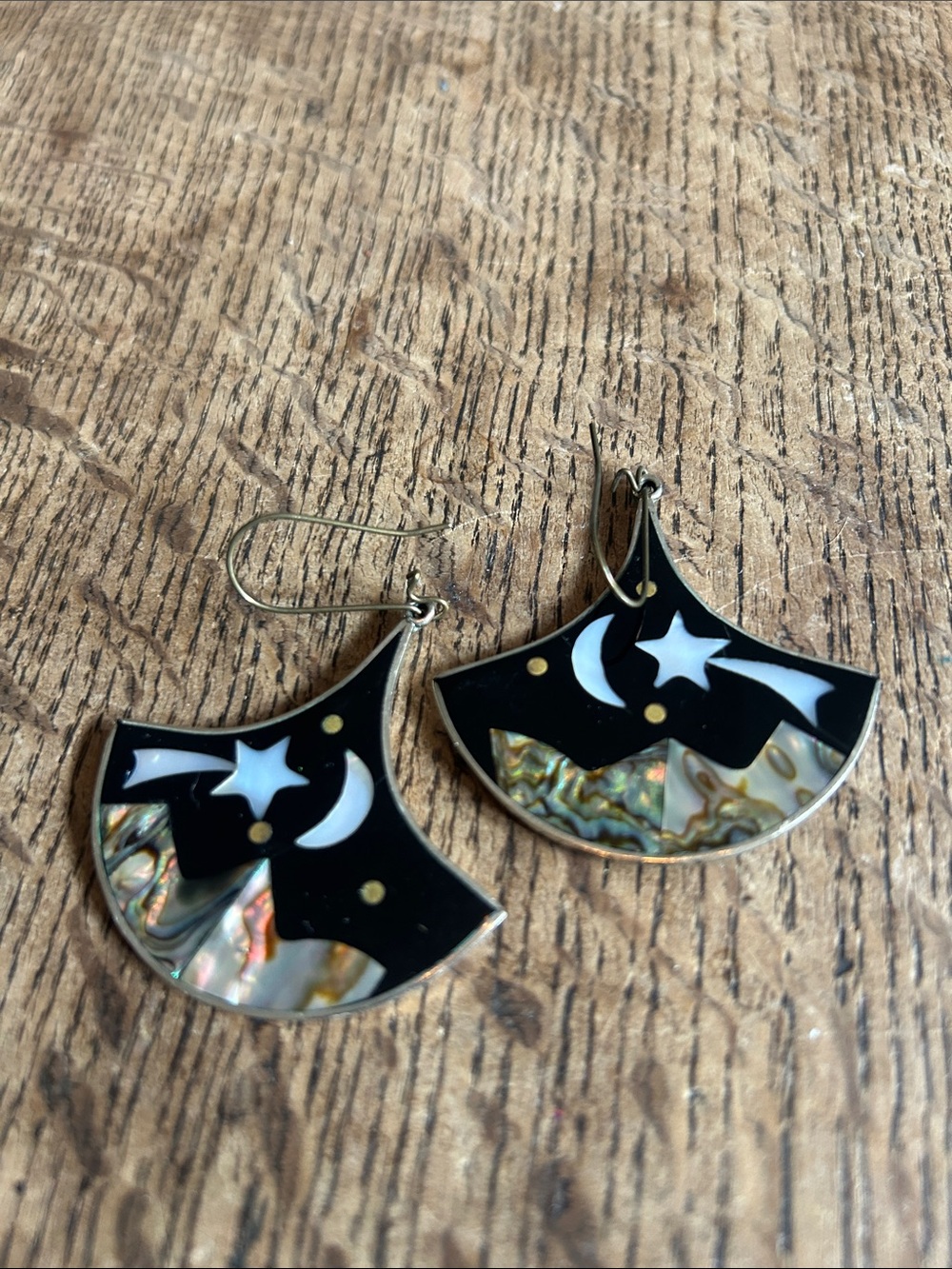 Vintage Mexico Abalone Moon & Star inlay Drop Earrings celestial whimsy ACOTAR - Picture 3 of 3